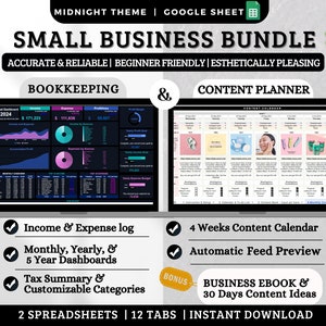 May include: A digital marketing bundle for small businesses, featuring a Google Sheet template for bookkeeping and a content planner. The bookkeeping template includes income and expense logs, monthly, yearly, and 5-year dashboards, and a tax summary. The content planner includes a 4-week content calendar, automatic feed preview, and a bonus business ebook with 30 days of content ideas. The bundle is available for instant download.