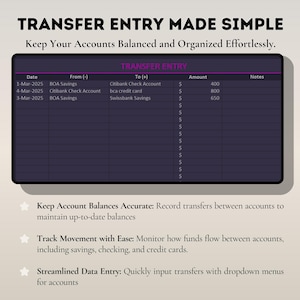 May include: A digital financial tool with the text "TRANSFER ENTRY MADE SIMPLE." The interface displays a table with columns for date, accounts, and amounts. The text highlights features like accurate balance tracking and streamlined data entry.