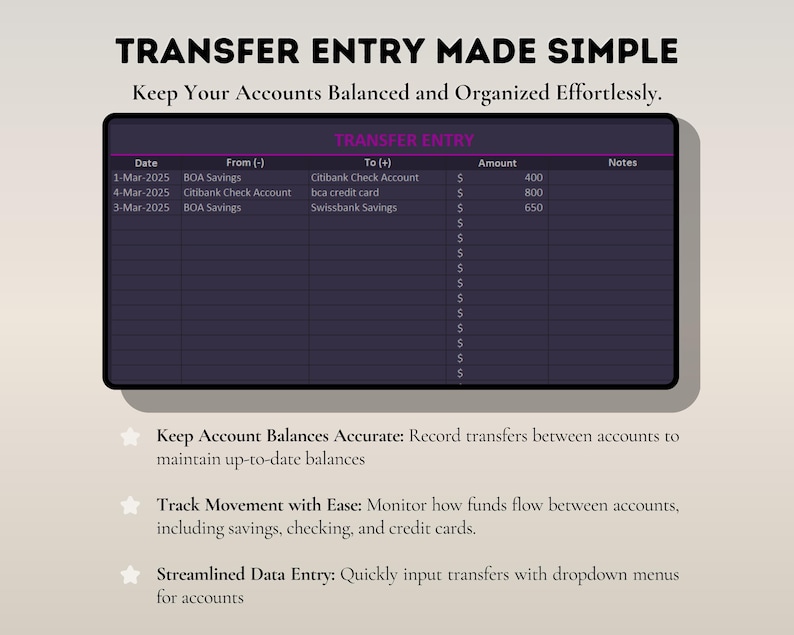 May include: A digital financial tool with the text "TRANSFER ENTRY MADE SIMPLE." The interface displays a table with columns for date, accounts, and amounts. The text highlights features like accurate balance tracking and streamlined data entry.