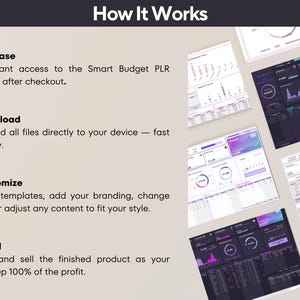 May include: Image detailing the steps to use a Smart Budget PLR package. The steps are: Purchase, Download, Customise, and Resell. The image also shows examples of the budget templates with charts and graphs.