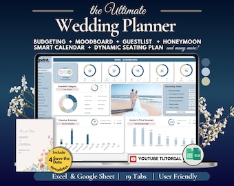 Könnte beinhalten: Ein Computerbildschirm zeigt eine Hochzeits-Planungs-Tabelle mit Registerkarten für Budget, Moodboard, Gästeliste, Flitterwochen, Kalender und Sitzplan. Die Tabelle ist mit "The Ultimate Wedding Planner" betitelt und enthält einen Link zu einem YouTube-Tutorial. Der Bildschirm ist von einem blauen Hintergrund mit weißen Blumen umgeben.