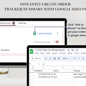 Op de afbeelding: Een screenshot van een computerscherm dat een Google Formulier toont met de titel "T-Shirt Aanmeldformulier (Reacties)". Het formulier bevat een lijst met reacties met tijdstempels, namen en adressen. Het formulier is verbonden met een Google Sheet, dat zichtbaar is op de achtergrond. De tekst "Klik op "link naar sheets" om uw bestelgegevens direct in Google Sheets te krijgen" wordt op het scherm weergegeven.