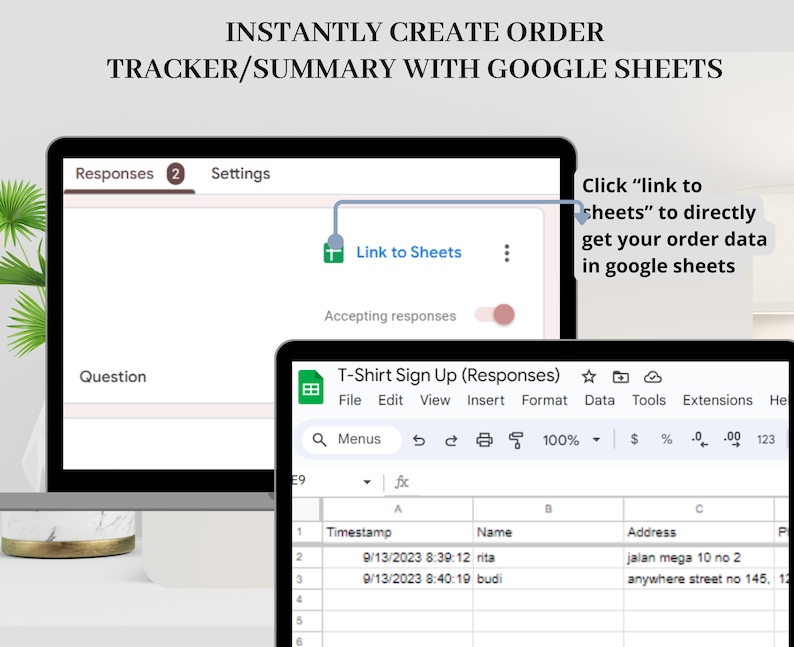 Op de afbeelding: Een screenshot van een computerscherm dat een Google Formulier toont met de titel "T-Shirt Aanmeldformulier (Reacties)". Het formulier bevat een lijst met reacties met tijdstempels, namen en adressen. Het formulier is verbonden met een Google Sheet, dat zichtbaar is op de achtergrond. De tekst "Klik op "link naar sheets" om uw bestelgegevens direct in Google Sheets te krijgen" wordt op het scherm weergegeven.