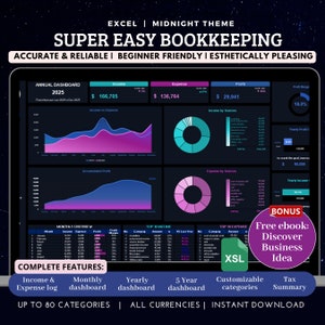 Può includere: Uno schermo di computer che mostra un foglio di calcolo con uno sfondo scuro e grafici colorati. Il foglio di calcolo è intitolato "Super Easy Bookkeeping" e include funzionalità come un cruscotto annuale, una panoramica mensile, i 10 migliori guadagni e spese, e un riepilogo annuale di guadagni e profitti. Il foglio di calcolo è progettato per aiutare gli utenti a tenere traccia delle loro finanze e gestire il loro budget.