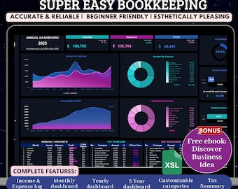 Business Bookkeeping Excel Template budget spreadsheet income expense Sales Tracker business planner profit and loss midnight black and pink