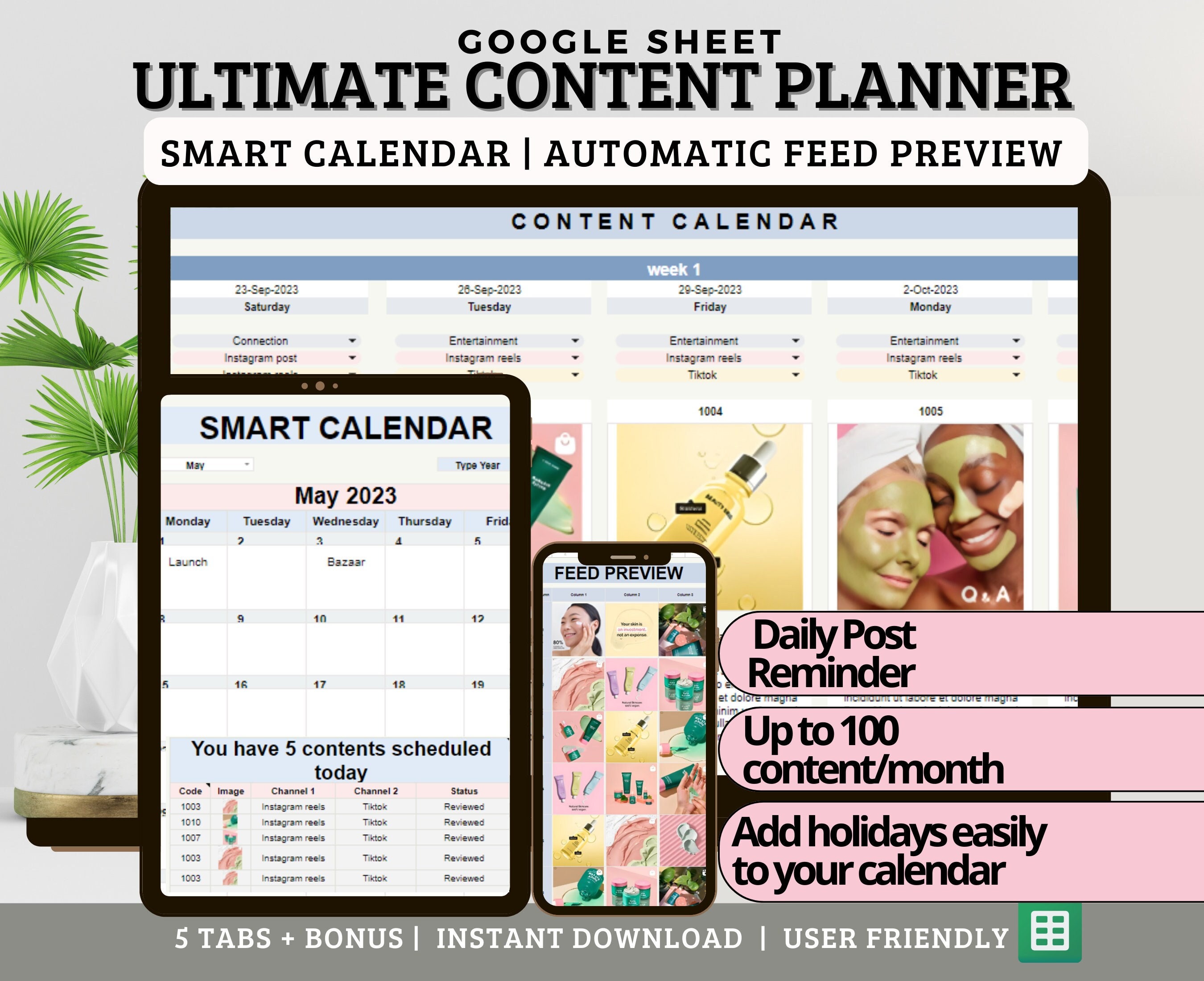Social Media Content Planner Content Calendar Feed Preview Google Sheet Spreadsheet for Instagram Tiktok Facebook Linkedin Post reminder