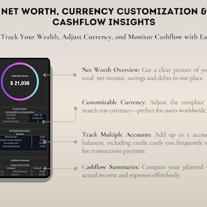 May include: A mobile app interface showing financial tracking features. The screen displays a net worth of &pound;16,800, with options for currency adjustment and cash flow analysis. Text includes "Track Your Wealth, Adjust Currency, and Monitor Cashflow with Ease."