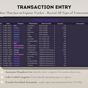 May include: A digital spreadsheet showing transaction entries, with a dark background and a table format. The table details financial transactions with columns for date, category, and amount. Text at the bottom describes key features.