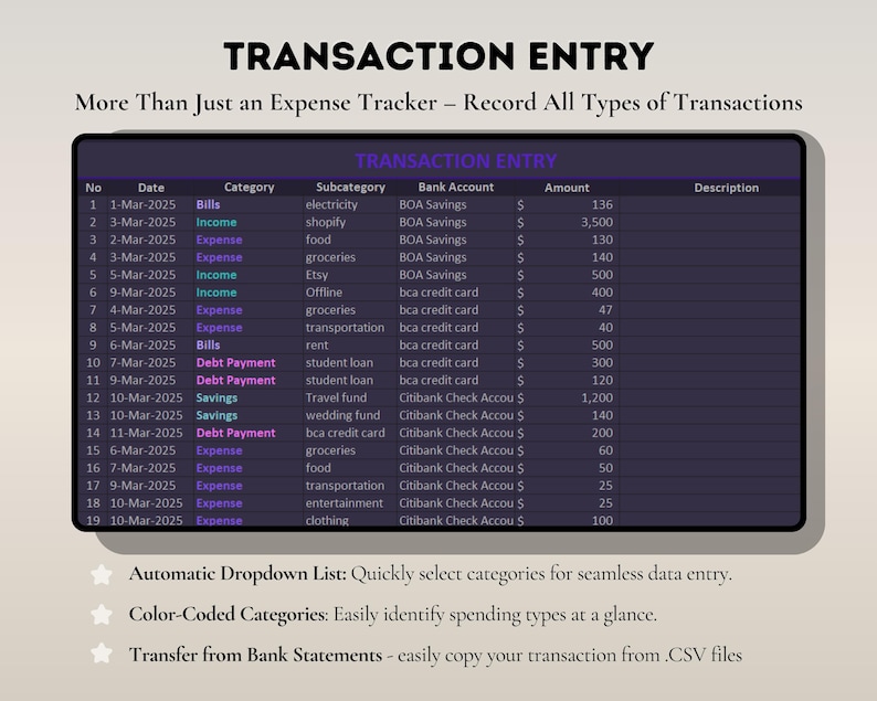 May include: A digital spreadsheet showing transaction entries, with a dark background and a table format. The table details financial transactions with columns for date, category, and amount. Text at the bottom describes key features.