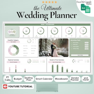 May include: A computer screen displaying a wedding planner spreadsheet with a green and pink color scheme. The spreadsheet includes tabs for guest list, budget, seating plan, smart calendar, mood board, vendor planner, and more. The screen also shows a photo of a couple in a snowy forest. The text "the Ultimate Wedding Planner" is displayed at the top of the screen.