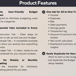 May include: A graphic titled "Product Features" details a budgeting system. Features include a simple, user-friendly system, three essential tabs, weekly or monthly budgeting, and all-in-one tracking. The system is designed for effortless budgeting.