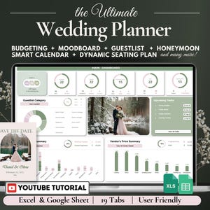 Könnte beinhalten: Ein Laptop-Bildschirm zeigt eine Hochzeitsplaner-Tabelle mit Registerkarten für Budget, Moodboard, Gästeliste, Flitterwochen, Smart-Kalender und dynamischen Sitzplan. Die Tabelle ist in einem grün-rosa Farbschema gestaltet. Der Text "the Ultimate Wedding Planner" wird oben auf dem Bildschirm angezeigt. Der Text "Excel & Google Sheet | 19 Tabs | User Friendly" wird unten auf dem Bildschirm angezeigt.