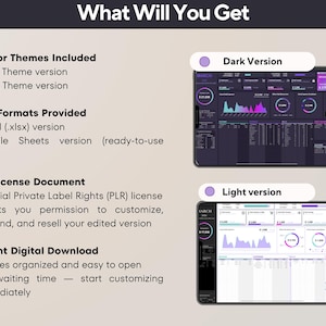 May include: Digital product presentation titled "What Will You Get." The image displays a data dashboard in dark and light versions. The text details features including Excel and Google Sheets formats, a PLR license, and instant download for immediate use.