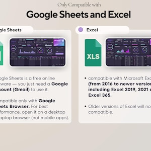 May include: An image detailing compatibility with Google Sheets and Excel. It shows icons for each, alongside text explaining software requirements and compatibility with Microsoft Excel versions from 2016 onwards.