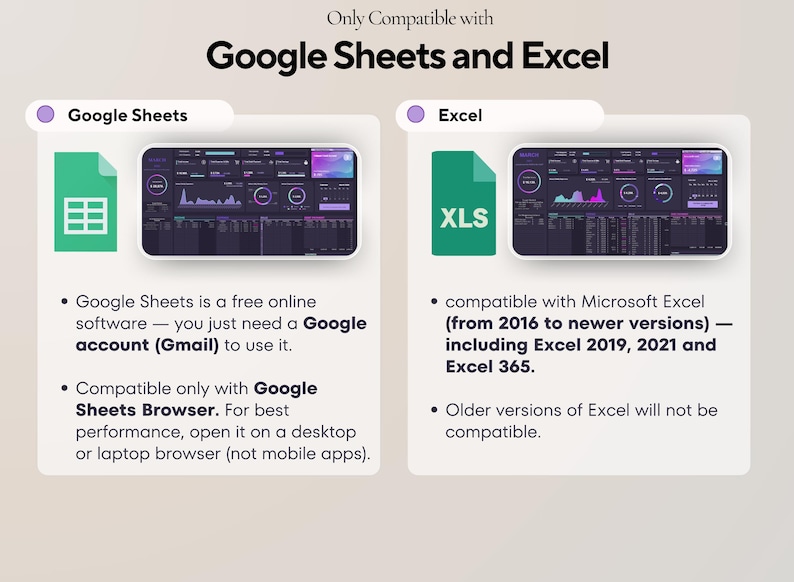 May include: An image detailing compatibility with Google Sheets and Excel. It shows icons for each, alongside text explaining software requirements and compatibility with Microsoft Excel versions from 2016 onwards.