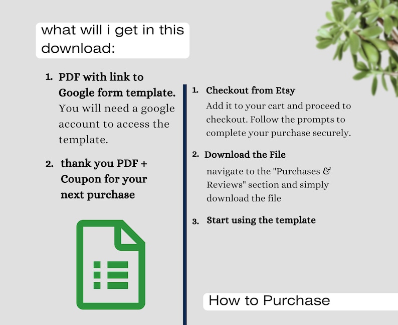Op de afbeelding: Een groen pictogram van een document met een lijst met items erin. De tekst op de afbeelding luidt "what will I get in this download:" en somt twee items op: "PDF with link to Google form template" en "thank you PDF + Coupon for your next purchase". De tekst aan de rechterkant van de afbeelding luidt "How to Purchase" en somt drie stappen op: "Checkout from Etsy", "Download the File", en "Start using the template".