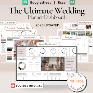 以下が含まれることがあります： 結婚式プランナーのダッシュボードが表示されたコンピューター画面。スマートカレンダー、ダイナミックな座席配置、ムードボード、ハネムーン、ベンダープランナー、予算、メインダッシュボードのタブがあります。ダッシュボードには、「The Ultimate Wedding Planner Dashboard」と「2025 UPDATED」というラベルが付けられています。