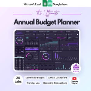 Annual Budget Planner | Income Expense Debt Bills Tracker | Excel and Google Sheets Spreadsheet