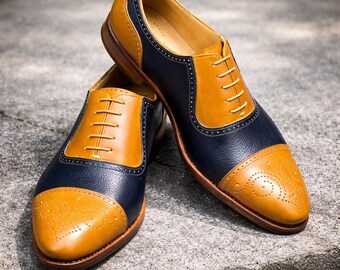 Men's Handmade Cap Toe two tone Brogue  Leather Stylish Lace Up Dress Shoes
