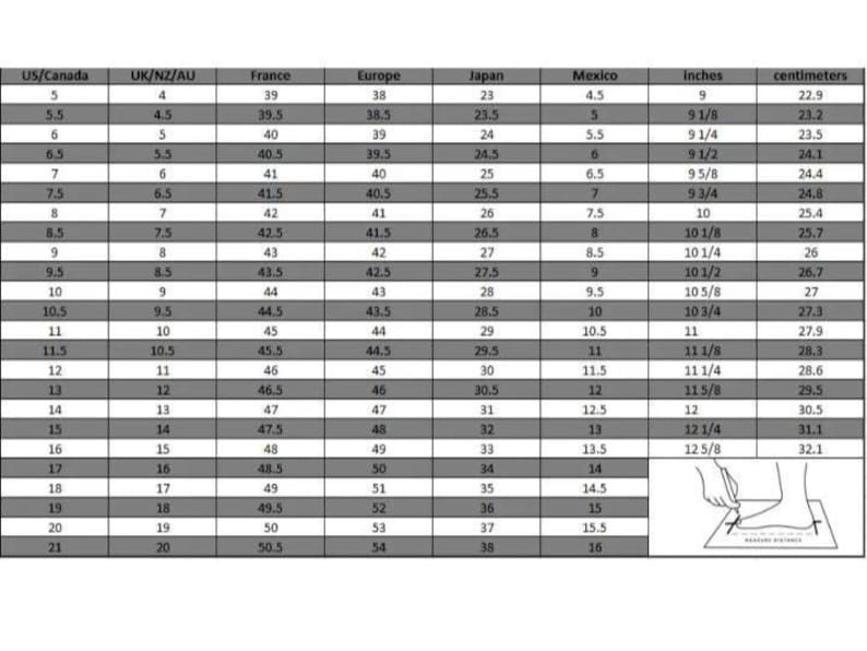 K&ouml;nnte beinhalten: Schuhgr&ouml;&szlig;entabelle mit Ma&szlig;en in Zentimetern und Zoll. Enth&auml;lt Gr&ouml;&szlig;en f&uuml;r Europa, Japan, Mexiko, USA/Kanada, Gro&szlig;britannien/Australien/Neuseeland und Frankreich. Mit Diagramm zur Fu&szlig;messung.