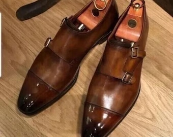 Handmade Men's Brown monk strap Leather cap toe Dress Formal Shoes Men.