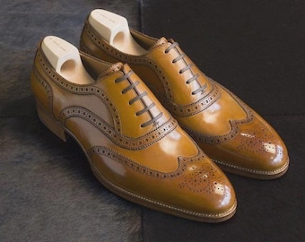 New Men's Handmade Tan Leather Oxford Wingtip Brogue Lace Up Dress Shoes For Men