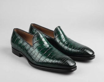 Men's Handmade Green Crocodile print Leather Texture Slip On Moccasin Formal Shoes Men