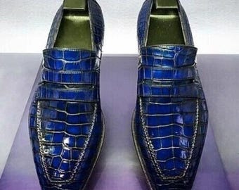 Men's Handmade Blue Crocodile Texture Leather Formal Dress Casual Shoes for Men