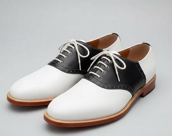 Men's Handmade Two-Tone Oxford Shoes White & Black Leather Brogue Lace Up Dress Shoes