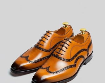Handmade Men's Tan Leather Wingtip Brogue Oxford Men dress Shoes