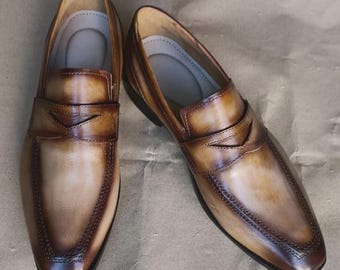 New Men's Handstitched Two Tone Leather Oxford Moccasin Slip On Formal Wear Shoe