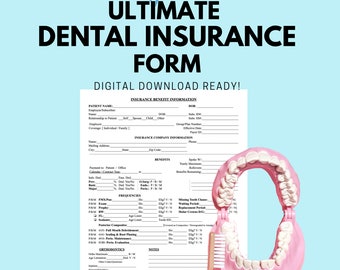 Könnte beinhalten: Ein druckbares Formular für eine Zahnversicherung mit einem rosa und weißen Zahnmodell und einer Zahnbürste. Das Formular enthält Abschnitte für Patienteninformationen, Informationen zu den Versicherungsleistungen, Informationen zur Versicherung, Leistungen, Häufigkeiten, Notizen und Kieferorthopädie.
