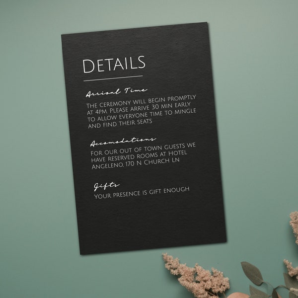 Modern Bold Details Card | Minimalist Wedding Details Card | Modern Wedding Details Insert | Printable Enclosure Card | BM1