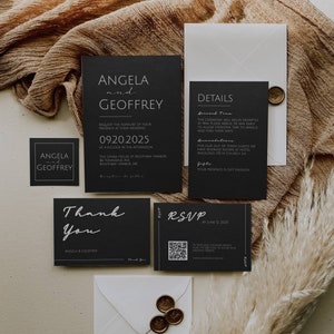 Modern Wedding Invitation Template Bundle with QR | Black and White Minimalist Invitation Suite | Digital Printable Template | BM1