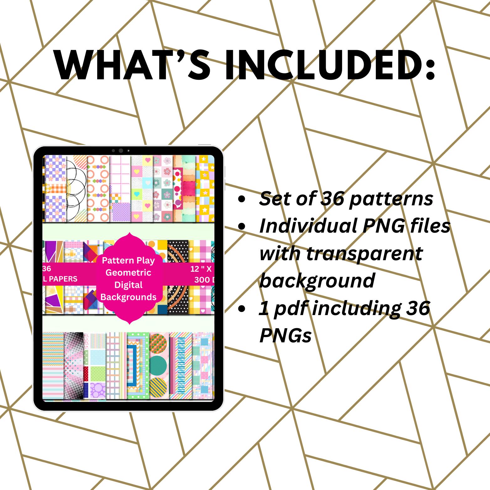 Digital Geometric Backgrounds, 36 PNG Files, Pattern Papers, Graphic ...