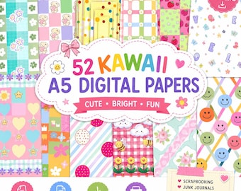 Könnte beinhalten: Eine Sammlung von 52 digitalen A5-Papieren mit bunten Mustern aus Erdbeeren, Smileys, Bienen, Blumen, Herzen und Sternen. Der zentrale Text lautet 52 KAWAII A5 DIGITAL PAPERS CUTE BRIGHT FUN, ergänzt durch Symbole für Scrapbooking und Druck.