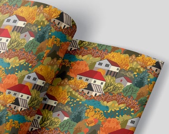 Autumn Village Wrapping Paper Sheets - Set of 5 - Autumn Forest with Houses Gift Wrap Vibrant Autumn Mood Fall Season Fall Leaves