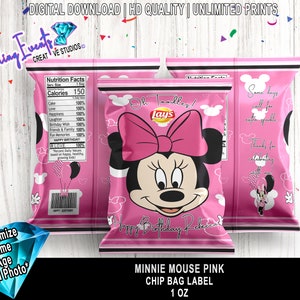 Pink Minnie Mouse Chip Bag - Water Bottle Labels - Loot Bag - Fruit Snack Label - Juice Label - Invitation - Minnie Mouse Birthday - Pink