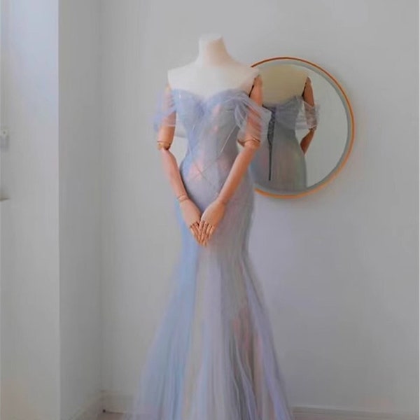 1310762 Blue-Silver Tulle Detail Mermaid Dress