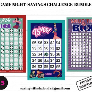 A5 PRINCESS Game Night Savings Challenge Bundle-Shut the Box-Roll the Dice-Bingo-A5-Bundle 9/Princess Savings Tracker/Princess Challenge