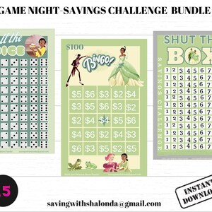 A5 PRINCESS Game Night Savings Challenge Bundle-Shut the Box-Roll the Dice-Bingo-A5-Bundle 6/Princess Savings Tracker/Princess Challenge