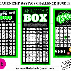 GAME NIGHT Savings Challenge Bundle-Shut the Box-Roll the Dice-Bingo-A6-GREEN-Mini Savings Challenge
