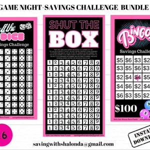GAME NIGHT Savings Challenge Bundle-Shut the Box-Roll the Dice-Bingo-A6-PINK