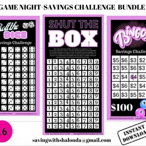 Pakiet wyzwań oszczędnościowych GAME NIGHT - Zamknij pudełko - Rzuć kostką - Bingo - A6 - FIOLETOWY - Mini wyzwanie oszczędnościowe