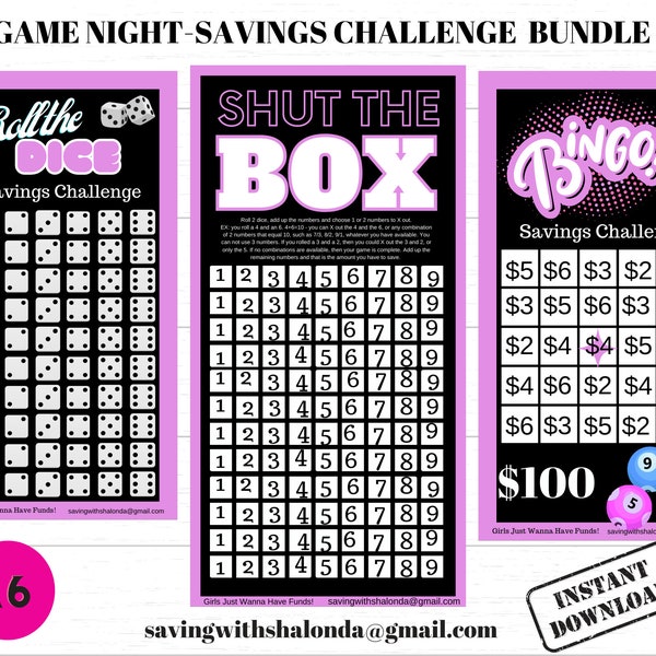 GAME NIGHT Savings Challenge Bundle-Shut the Box-Roll the Dice-Bingo-A6-PURPLE-Mini Savings Challenge