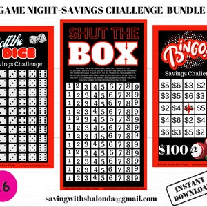 GAME NIGHT Savings Challenge Bundle-Shut the Box-Roll the Dice-Bingo-A6-RED-Mini Savings Challenge