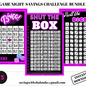 A5 Game Night Savings Challenge Bundle-Shut the Box-Roll the Dice-Bingo-A5-PURPLE