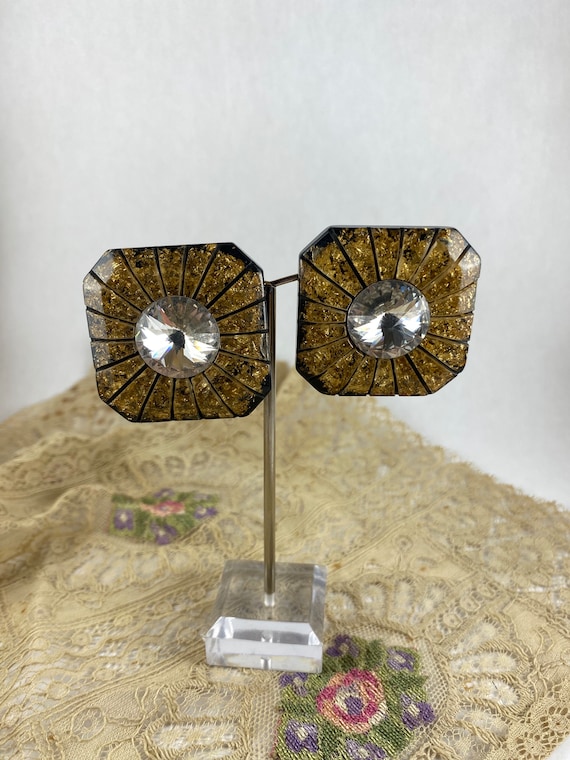 1950s carved lucite earrings, gold and black