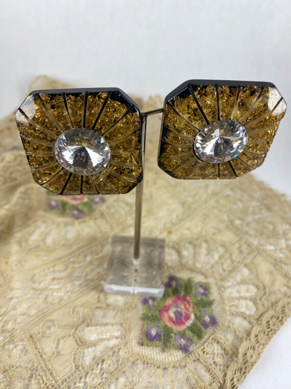 1950s carved lucite earrings, gold and black - image 3