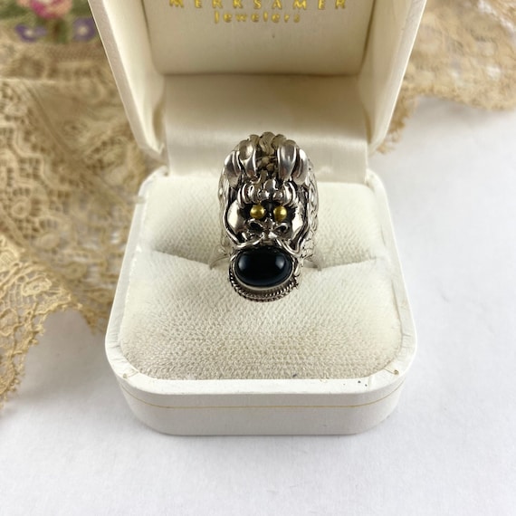 Vintage Sterling Silver Dragon Ring, Handmade, Onyx